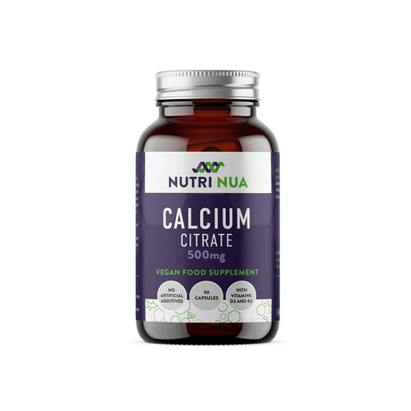 A capsule bottle of Nutri Nua 500mg vegan calcium citrate supplement.