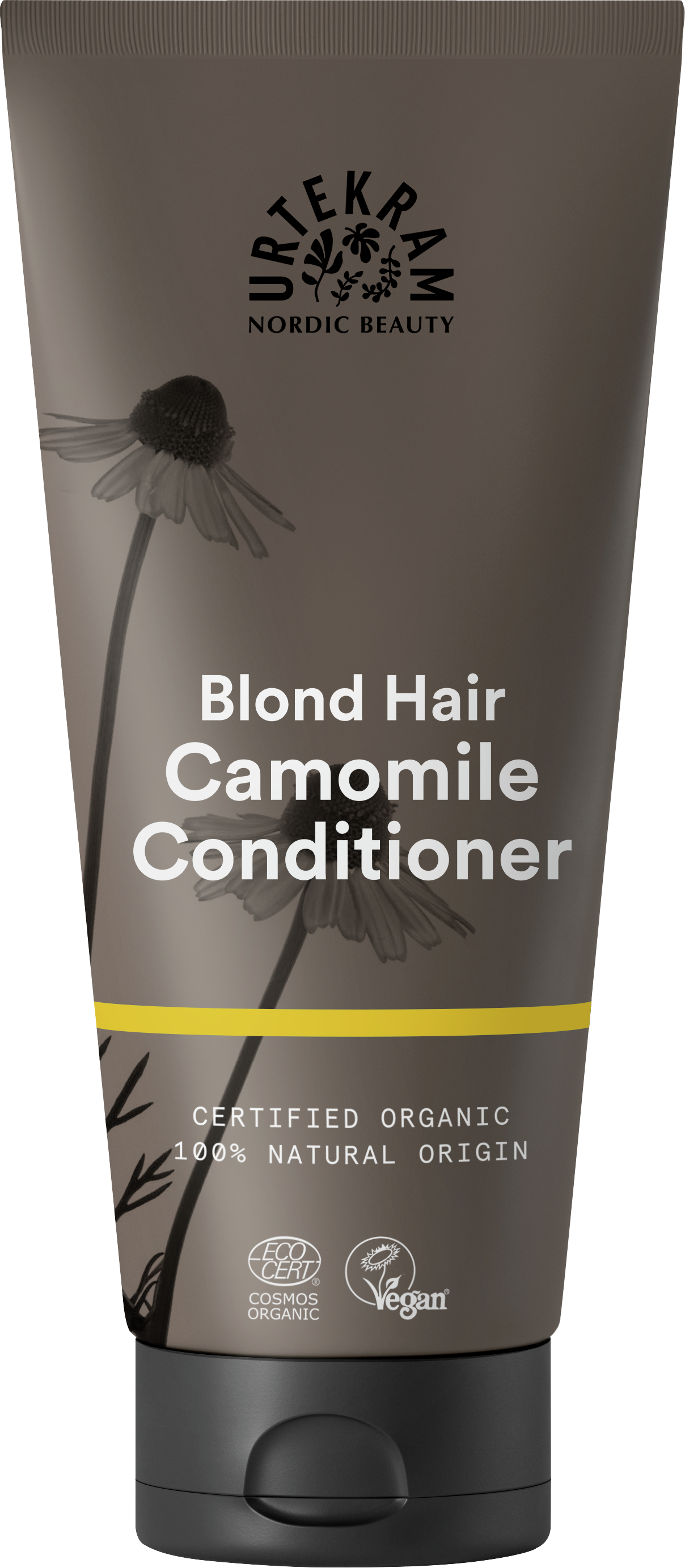 A dark grey squeeze tube of Urtekram Camomile Conditioner for blond hair with a black cap. The label features camomile flower illustrations, a thin yellow horizontal stripe, and specifies it is certified organic and 100% natural origin, with Vegan and Ecocert COSMOS Organic certifications.