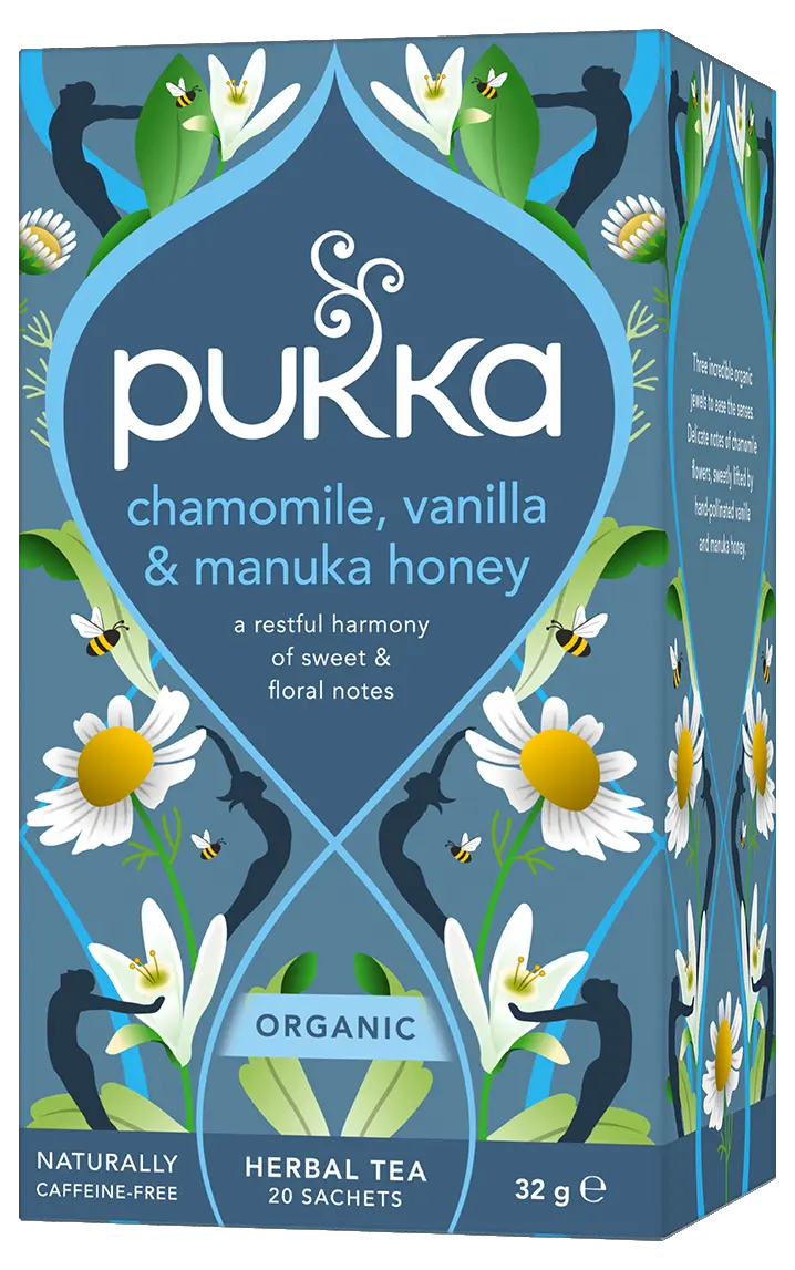 Pukka Organic "Chamomile, Vanilla & Manuka Honey" herbal tea box featuring floral illustrations and bees, containing 20 caffeine-free sachets.