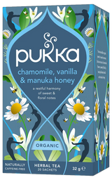 Pukka Organic "Chamomile, Vanilla & Manuka Honey" herbal tea box featuring floral illustrations and bees, containing 20 caffeine-free sachets.