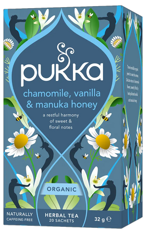 Pukka Organic "Chamomile, Vanilla & Manuka Honey" herbal tea box featuring floral illustrations and bees, containing 20 caffeine-free sachets.