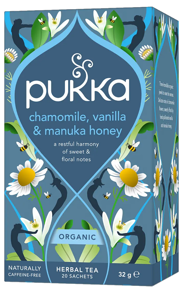 Pukka Organic "Chamomile, Vanilla & Manuka Honey" herbal tea box featuring floral illustrations and bees, containing 20 caffeine-free sachets.