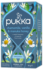 Pukka Organic "Chamomile, Vanilla & Manuka Honey" herbal tea box featuring floral illustrations and bees, containing 20 caffeine-free sachets.