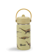 A beige Cheeki water bottle featuring dinosaur skeletal illustrations and a matching carry handle.