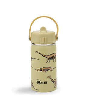 A beige Cheeki water bottle featuring dinosaur skeletal illustrations and a matching carry handle.