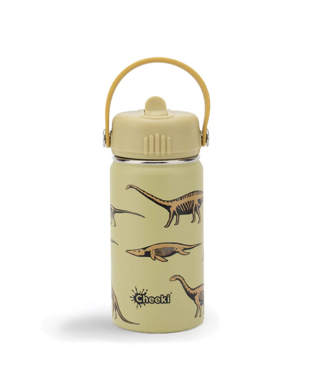A beige Cheeki water bottle featuring dinosaur skeletal illustrations and a matching carry handle.