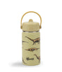 A beige Cheeki water bottle featuring dinosaur skeletal illustrations and a matching carry handle.