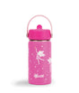 A pink Cheeki water bottle featuring white fairy and star illustrations and a light pink handle.