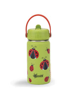 A lime green Cheeki water bottle featuring ladybug illustrations and a red carry handle.