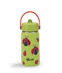 A lime green Cheeki water bottle featuring ladybug illustrations and a red carry handle.