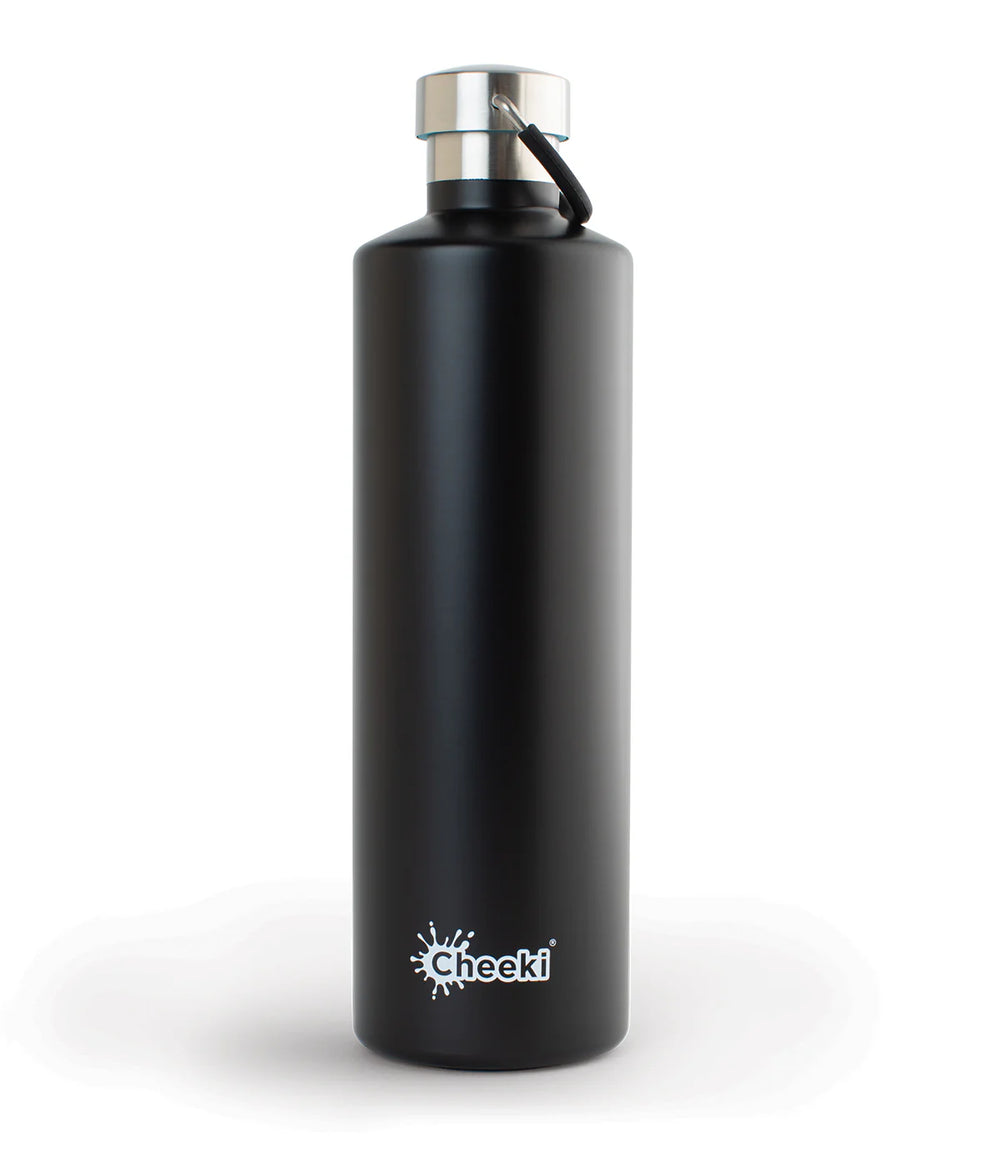 A 1-liter matte black Cheeki water bottle with a silver cap and black carry loop.
