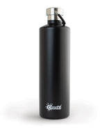 A 1-liter matte black Cheeki water bottle with a silver cap and black carry loop.