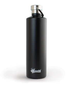 A 1-liter matte black Cheeki water bottle with a silver cap and black carry loop.