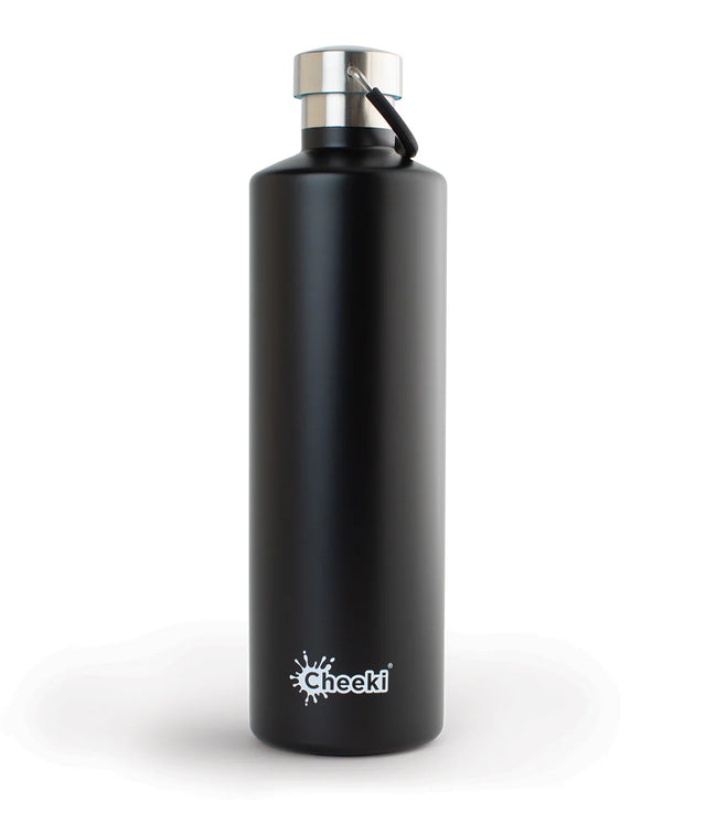 A 1-liter matte black Cheeki water bottle with a silver cap and black carry loop.