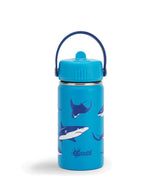 A blue Cheeki water bottle featuring shark and stingray illustrations and a carry handle.
