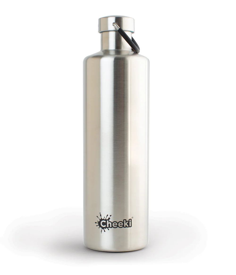 A 1-liter stainless steel Cheeki water bottle with a silver finish and a black carry loop.