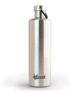 A 1-liter stainless steel Cheeki water bottle with a silver finish and a black carry loop.