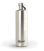 A 1-liter stainless steel Cheeki water bottle with a silver finish and a black carry loop.