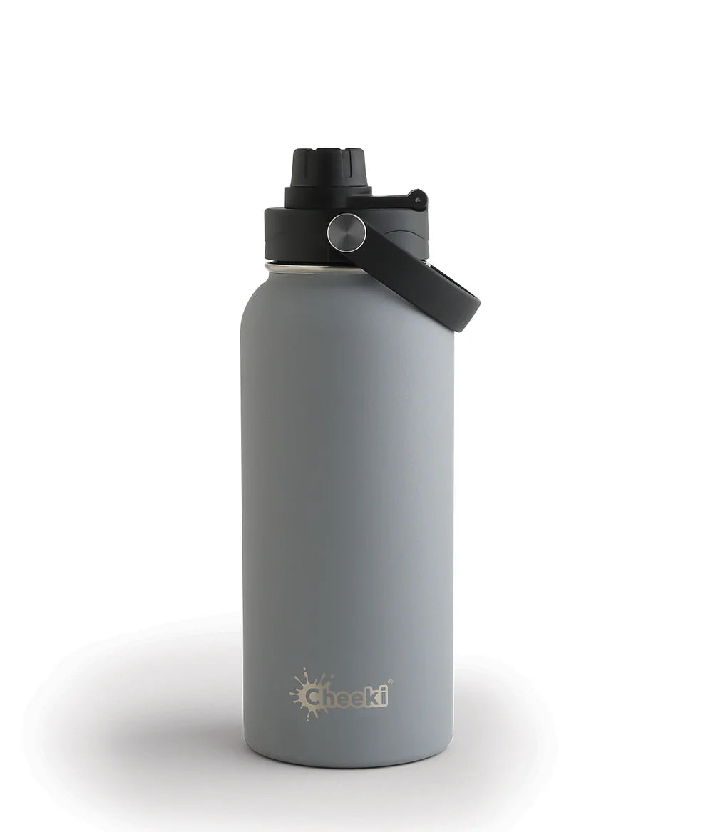 A 1-liter slate grey insulated Cheeki water bottle with a black lid and carry handle.