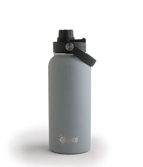 A 1-liter slate grey insulated Cheeki water bottle with a black lid and carry handle.