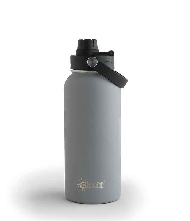 A 1-liter slate grey insulated Cheeki water bottle with a black lid and carry handle.