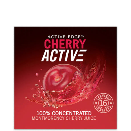 A product label for Active Edge Cherry Active featuring a large red cherry splashing into liquid, with text indicating it is 100% Concentrated Montmorency Cherry Juice and contains 16 servings.
