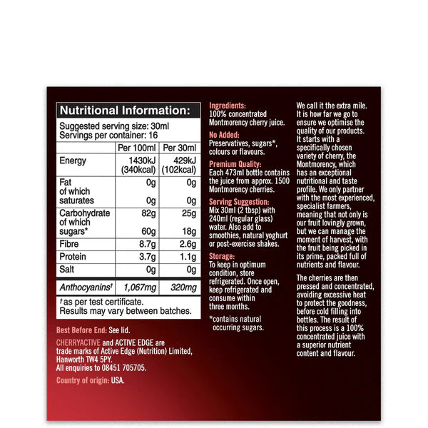 A nutritional information label for Cherry Active concentrate, showing a table with energy, carbohydrate, and anthocyanin content, alongside a list of ingredients and serving suggestions.