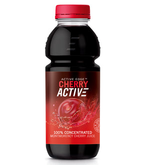 A bottle of CherryActive concentrate with a red cap and a dark liquid inside, featuring a label with a large splash of cherry juice and the text "100% Concentrated Montmorency Cherry Juice.