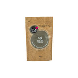 A 300g brown paper pouch of True Chia Seeds with a dark grey circular label and subtle leaf illustrations.