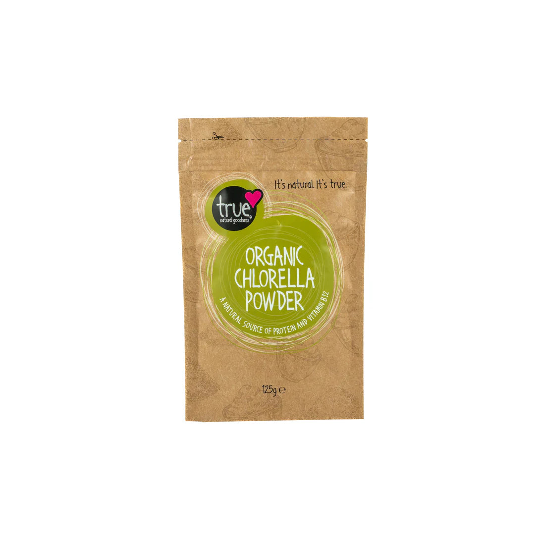 A 125g brown paper pouch of True Organic Chlorella Powder with a green circular logo and bowl illustrations.