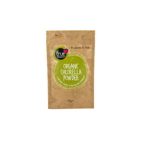 A 125g brown paper pouch of True Organic Chlorella Powder with a green circular logo and bowl illustrations.