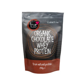 A 250g grey and brown resealable pouch of True Organic Chocolate Whey Protein featuring a reddish-brown circular logo and white text.