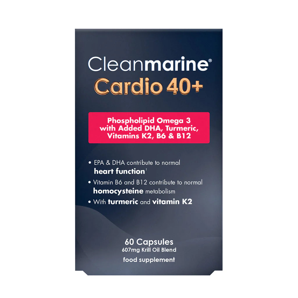 Cleanmarine Cardio 40+ supplement package on a white background