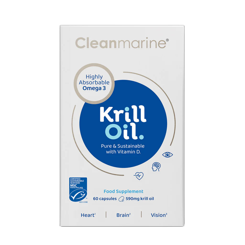 Cleanmarine Krill Oil 60 capsules food supplement featuring highly absorbable Omega 3 and Vitamin D, presented in clean white and blue packaging highlighting benefits for heart