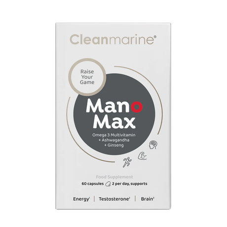 Cleanmarine Man Max 60 capsules multivitamin with Omega 3, Ashwagandha, and Ginseng.