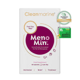 Cleanmarine MenoMin 60 capsules supplement box for peri and menopause support, featuring award-winning seals for "Best Women's Product" on a clean white background with purple and gold accents.