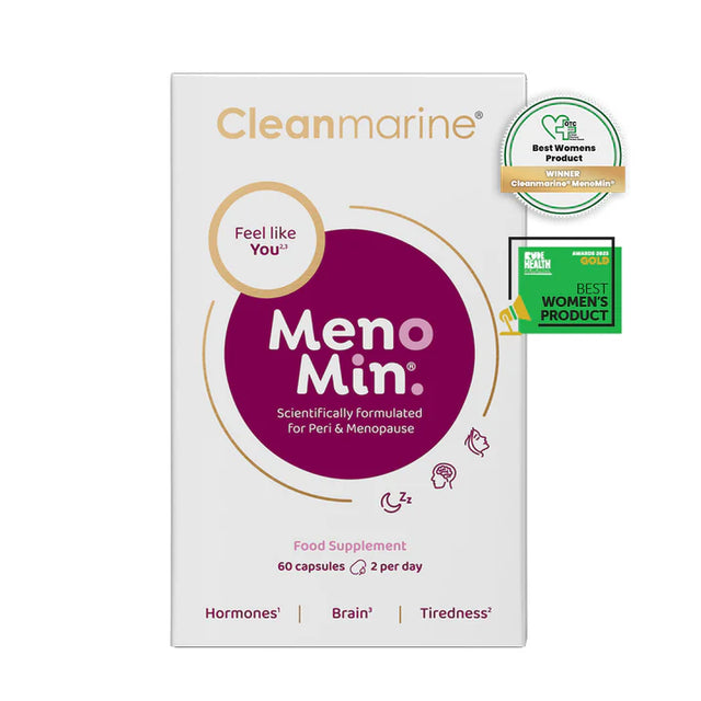 Cleanmarine MenoMin 60 capsules supplement box for peri and menopause support, featuring award-winning seals for "Best Women's Product" on a clean white background with purple and gold accents.