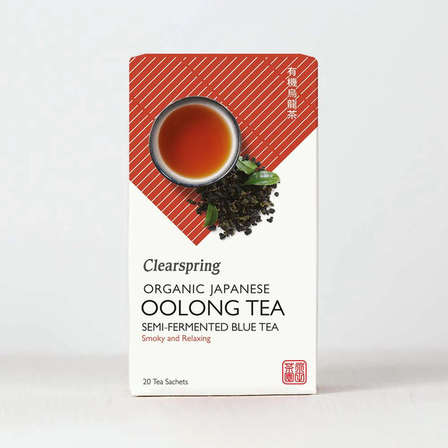 Clearspring Organic Japanese Oolong Tea semi-fermented blue tea bag box.