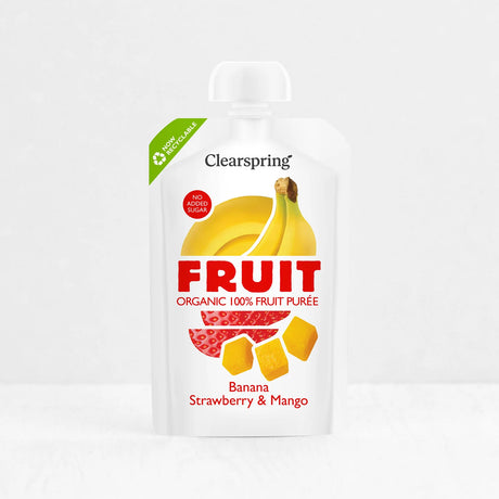Clearspring Organic 100% Fruit Purée pouch (Banana, Strawberry & Mango).
