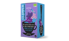 Box of 20 Clipper Organic Blackcurrant and Blueberry Infusion tea bags.