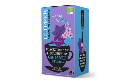 Box of 20 Clipper Organic Blackcurrant and Blueberry Infusion tea bags.