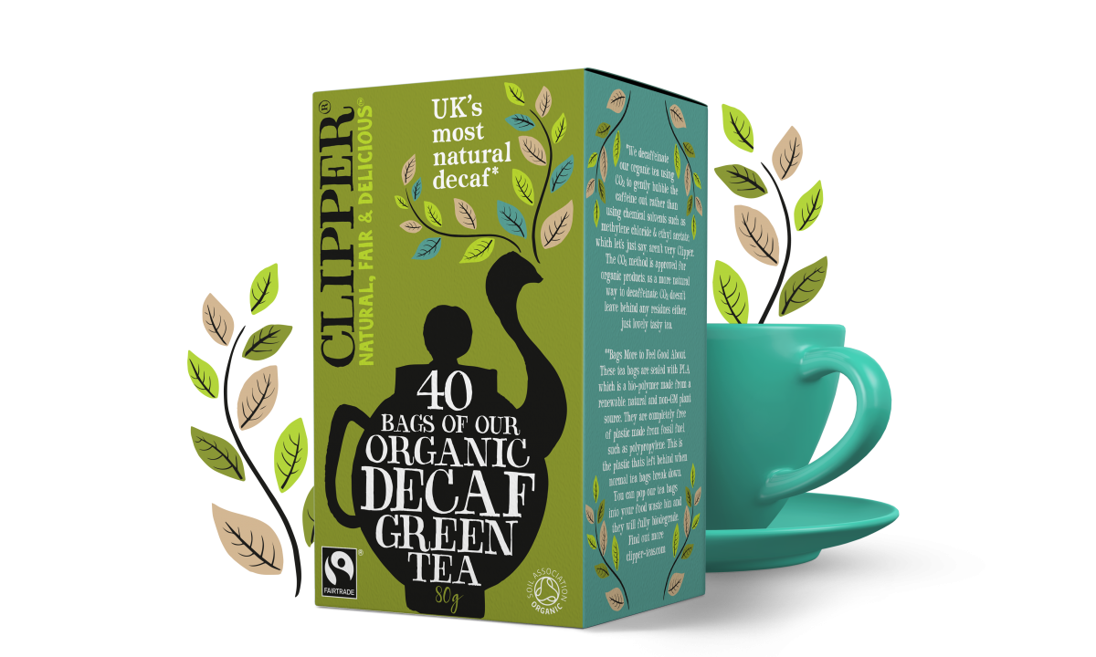Box of 40 Clipper Organic Decaf Green Tea bags with a teacup.