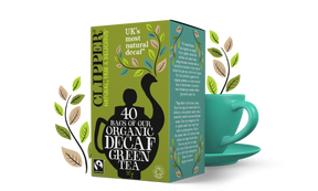 Box of 40 Clipper Organic Decaf Green Tea bags with a teacup.