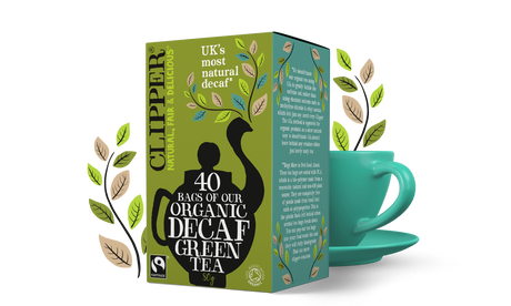 Box of 40 Clipper Organic Decaf Green Tea bags with a teacup.