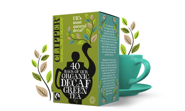 Box of 40 Clipper Organic Decaf Green Tea bags with a teacup.
