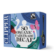 Box of 80 Clipper Organic Fairtrade Decaf tea bags with teapot illustration.