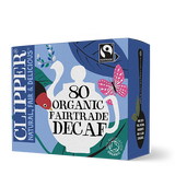 Box of 80 Clipper Organic Fairtrade Decaf tea bags with teapot illustration.