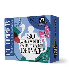 Box of 80 Clipper Organic Fairtrade Decaf tea bags with teapot illustration.