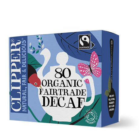 Box of 80 Clipper Organic Fairtrade Decaf tea bags with teapot illustration.