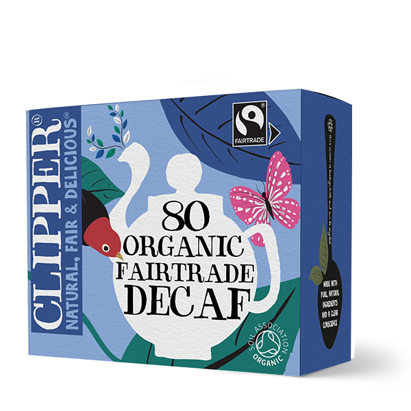 Box of 80 Clipper Organic Fairtrade Decaf tea bags with teapot illustration.